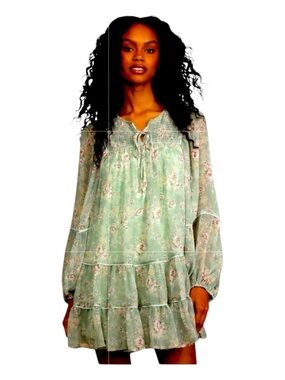 LULUS Blossom By Blossom Green Floral Print Tiered Babydoll Mini Dress, Size XS.